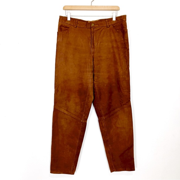 Vintage brown leather pants high waist caramel camel loose relaxed straight leg - Picture 1 of 9